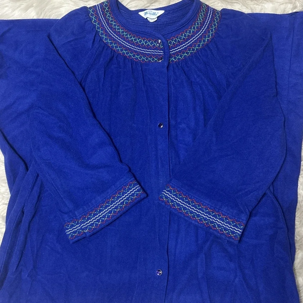 Vintage 70/80's Retro Blue House Dress Robe Lounger Boho Folk  Granny Front Snap